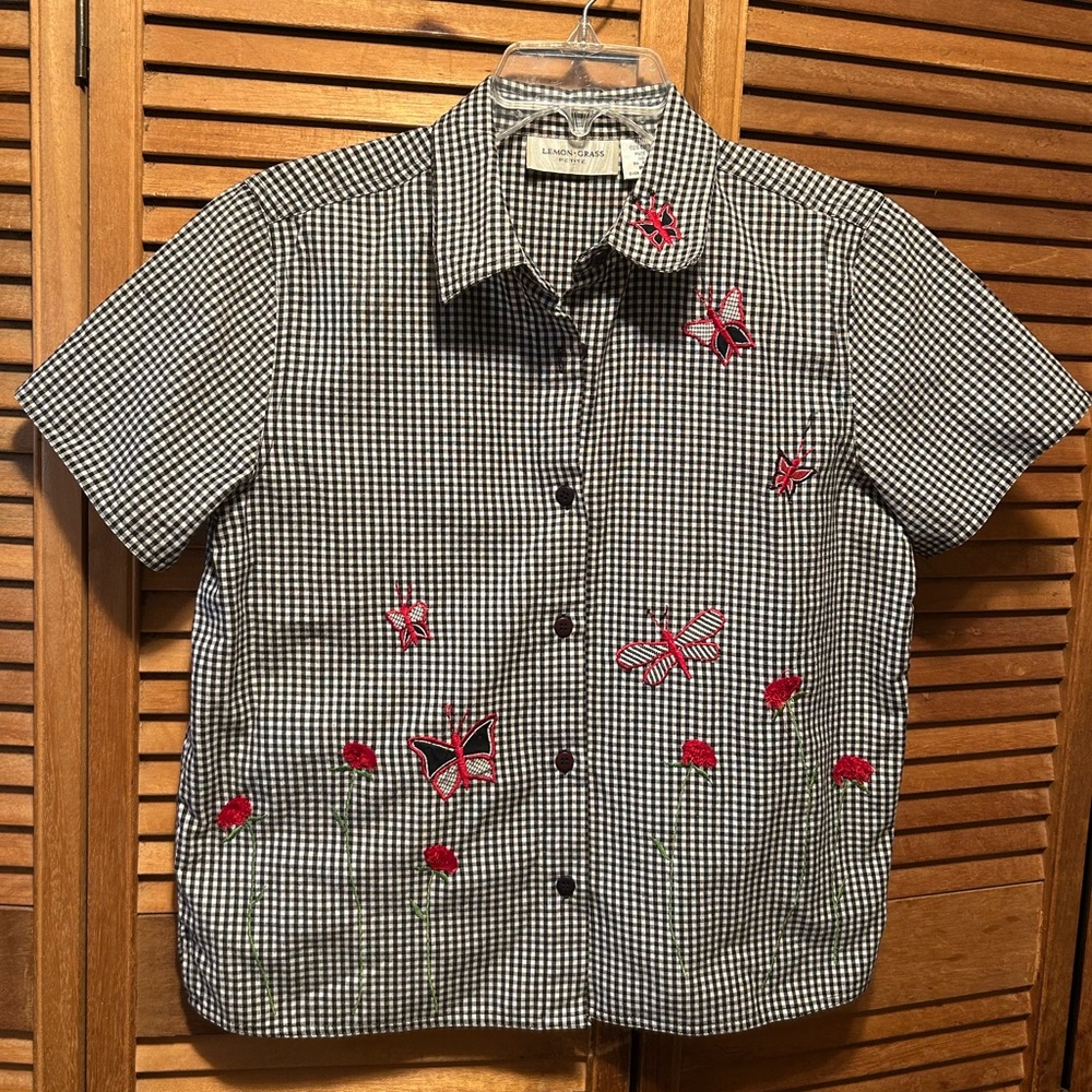 Vintage Lemon Grass Black and White Gingham Shirt with Red Embroidered Designs